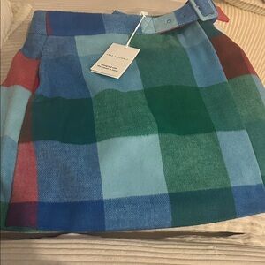 Plaid Wool Blend Mini Skirt in Blue & Green